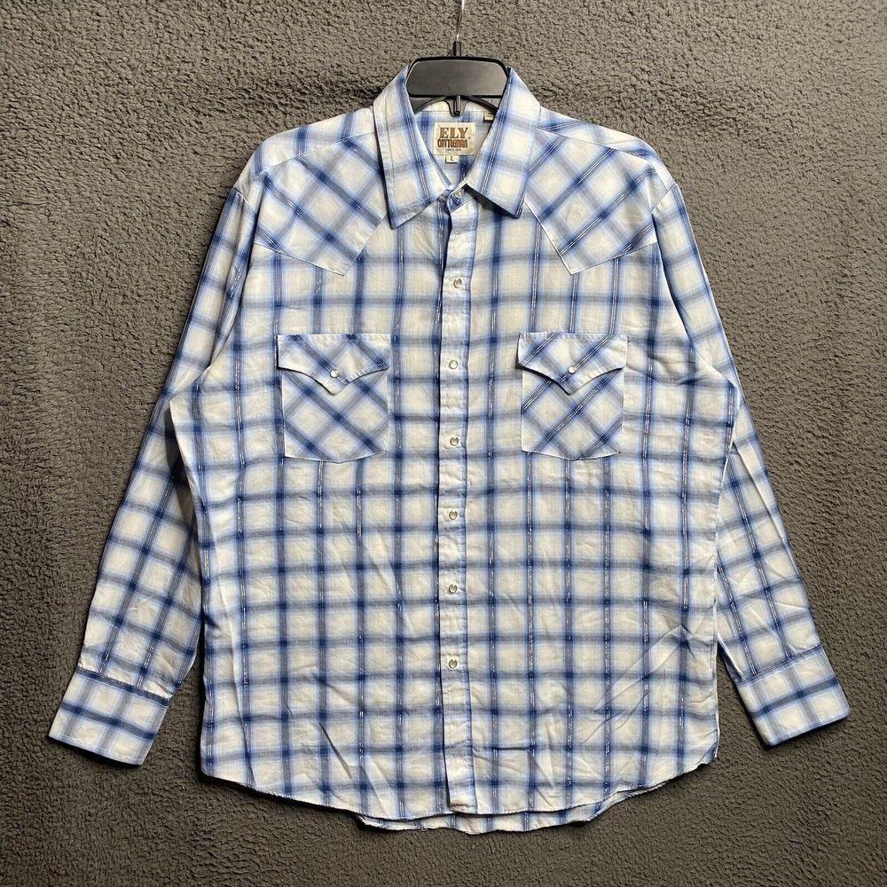 Ely Cattleman Mens Blue Plaid Pearl Snap Buttons Long Sleeve Shirt Size Large